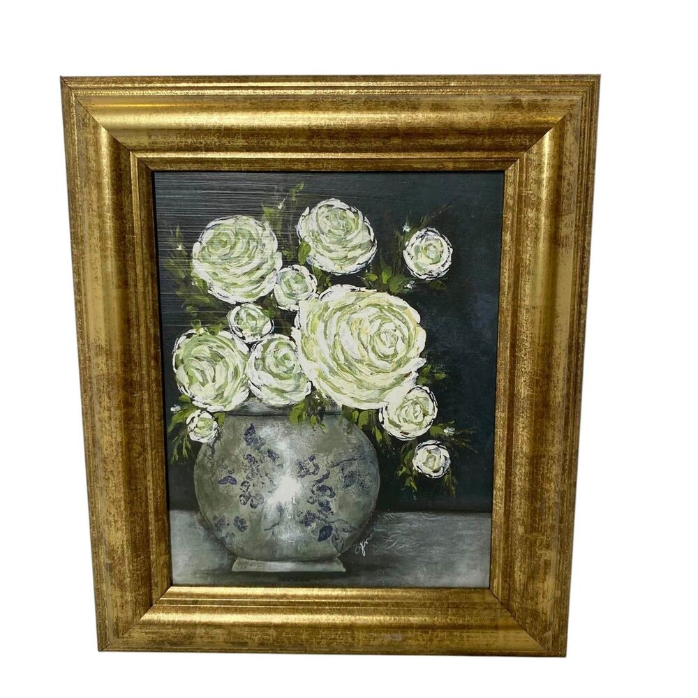 White Floral Bronzed Gold Framed Wall Art Shabby Chic Romantic